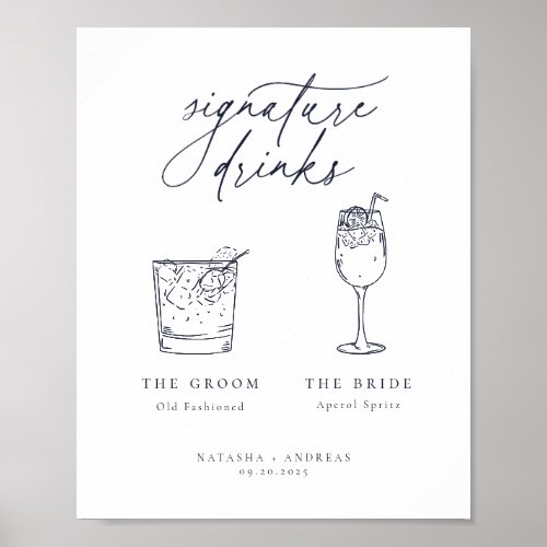 Contemporary Chic Minimalist Navy Signature Drinks Poster