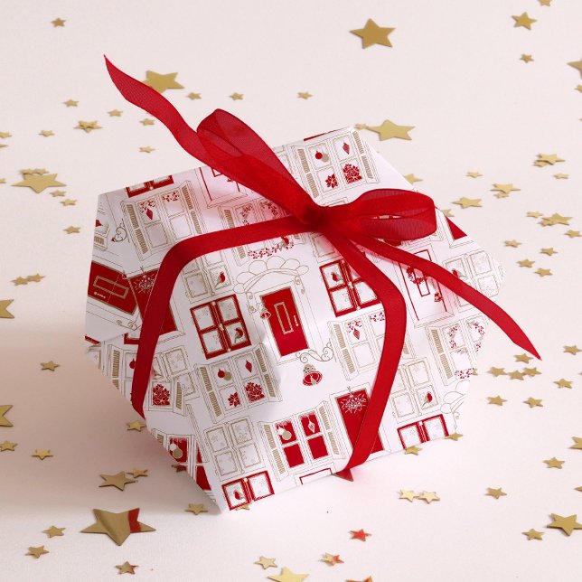 Contemporary Christmas Décor  Wrapping Paper (A fun gift wrap featuring decorated doors and windows seen from the in- and outside in red and beige)