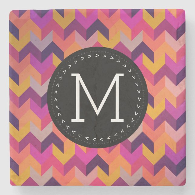 Contemporary Colorful Pattern and Custom Monogram Stone Coaster (Front)