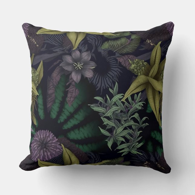 Contemporary Dark Floral Botanical Purple & Green  Throw Pillow (Front)