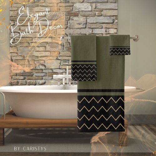 Contemporary Dark Moss Green Black with Geometric  Bath Towel Set