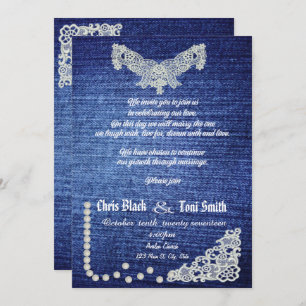 Contemporary Denim, Pearls & Lace Wedding Invite