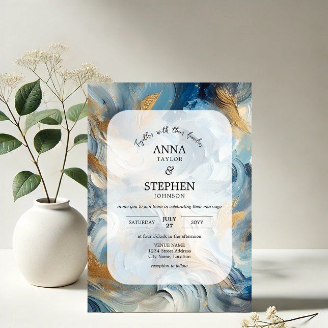 Contemporary Elegance: Blue White Gold Wedding Invitation (Contemporary Elegance in blue, white, gold brushstrokes wedding invitation front view)