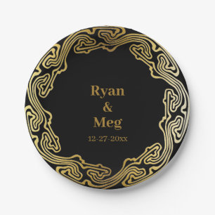 Contemporary Elegance: Modern Gold Frame Waves Paper Plates