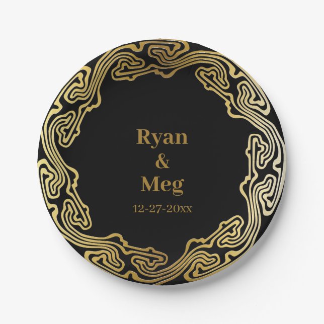 Contemporary Elegance: Modern Gold Frame Waves  Paper Plates (Front)