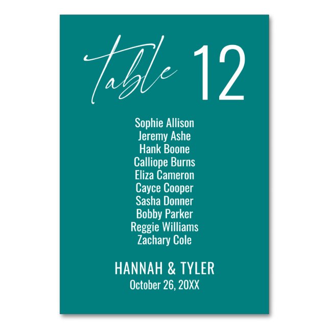 Contemporary Elegant Teal Double Digits Table Number (Front)