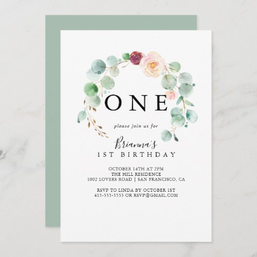 Contemporary Eucalyptus First Birthday Party Invitation