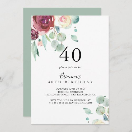 Contemporary Eucalyptus Floral 40th Birthday Party Invitation