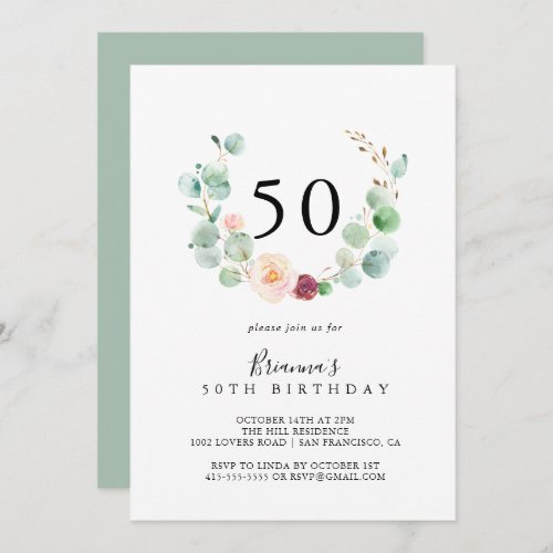 Contemporary Eucalyptus Floral 50th Birthday Party Invitation