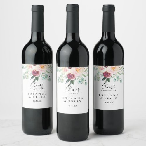 Contemporary Eucalyptus Floral Cheers Wedding Wine Label