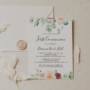Contemporary Eucalyptus Floral First Communion Invitation
