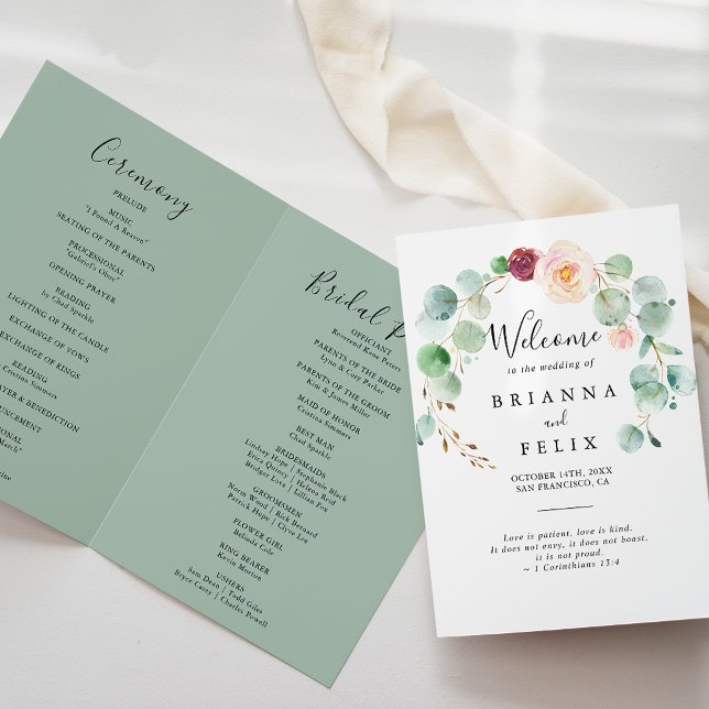 Contemporary Eucalyptus Floral Folded Wedding Program (Creator Uploaded)
