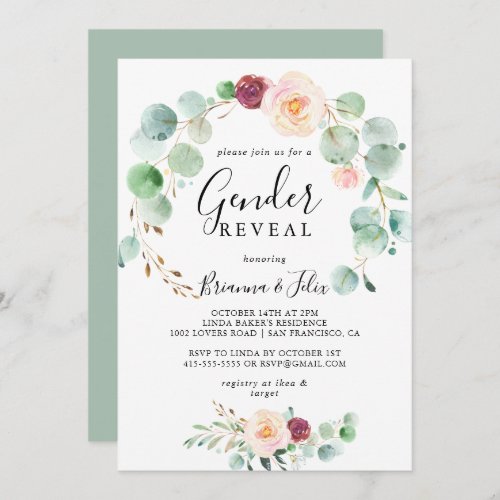 Contemporary Eucalyptus Floral Gender Reveal Party Invitation