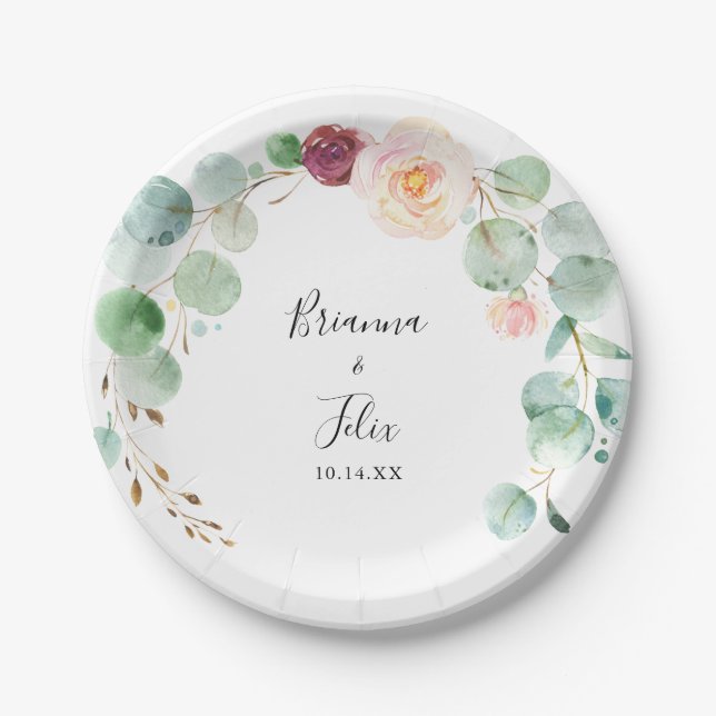 Contemporary Eucalyptus Floral Wedding Cake Paper Plates (Front)