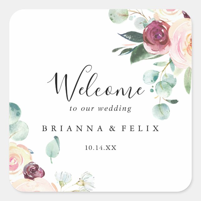 Contemporary Eucalyptus Floral Wedding Welcome Square Sticker (Front)