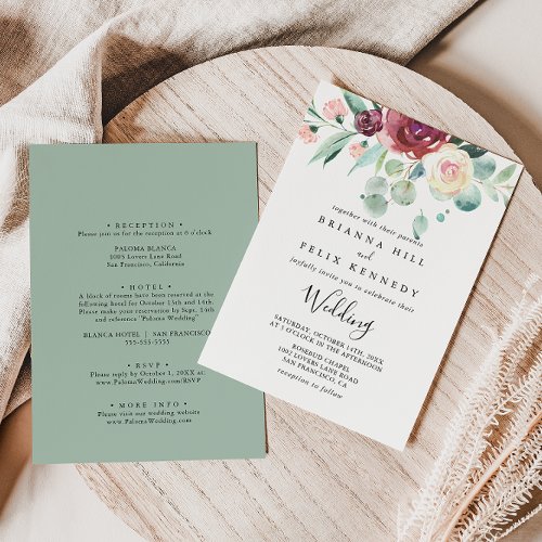 Contemporary Eucalyptus Front  Back Wedding Invitation