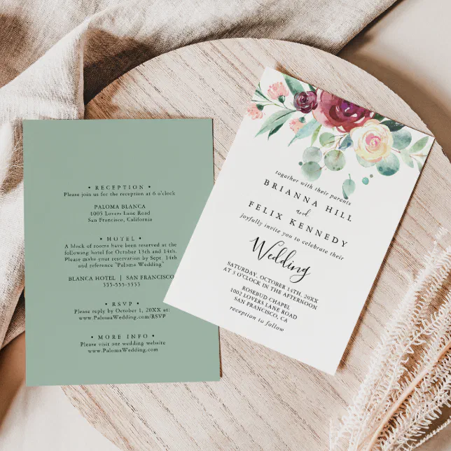 Contemporary Eucalyptus Front & Back Wedding Invitation | Zazzle