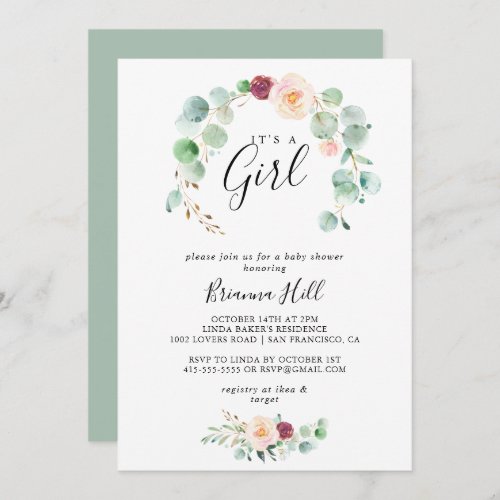 Contemporary Eucalyptus Its A Girl Baby Shower Invitation