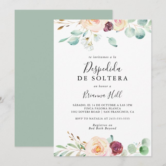 Contemporary Eucalyptus Spanish Bridal Shower Invitation (Front/Back)