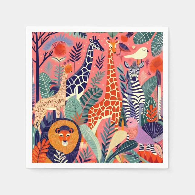 Contemporary exotic animals and birds 1 pink napkins (Front)