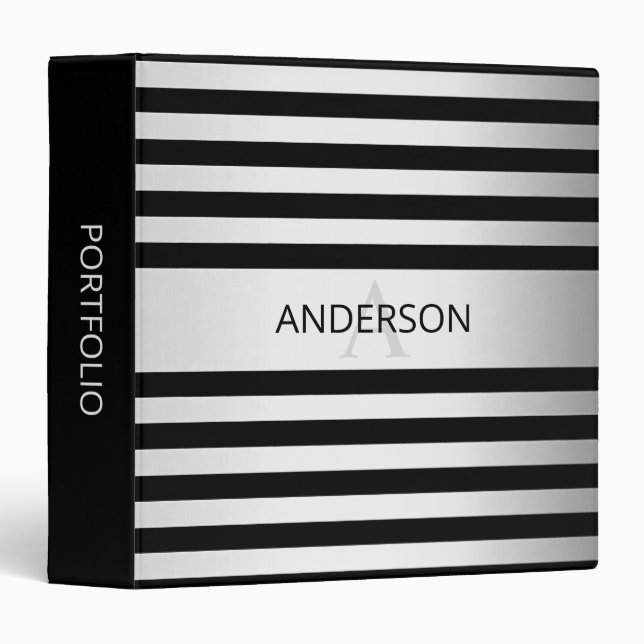 Contemporary Faux Silver Ombre Stripes & Black 3 Ring Binder (Front/Spine)
