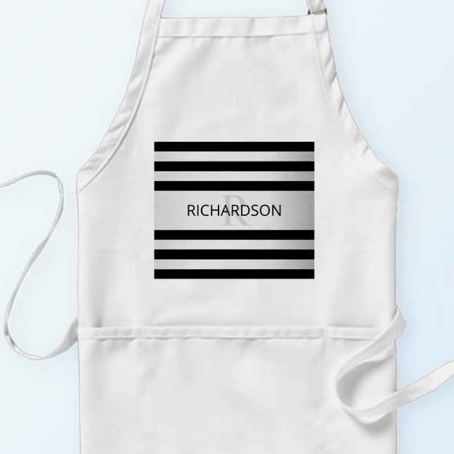 Contemporary Faux Silver Ombre Stripes & Black Adult Apron (Creator Uploaded)