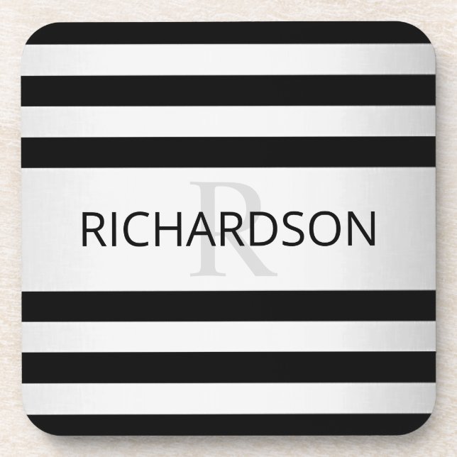 Contemporary Faux Silver Ombre Stripes & Black Beverage Coaster (Front)