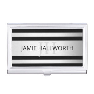 Contemporary Faux Silver Ombre Stripes & Black Business Card Case