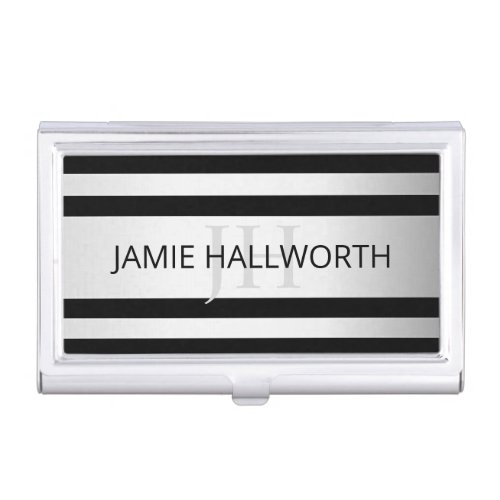 Contemporary Faux Silver Ombre Stripes  Black Business Card Case