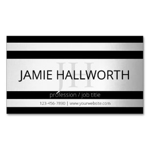 Contemporary Faux Silver Ombre Stripes & Black Business Card Magnet