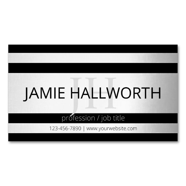 Contemporary Faux Silver Ombre Stripes & Black Business Card Magnet (Front)