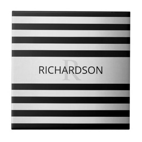 Contemporary Faux Silver Ombre Stripes  Black Ceramic Tile