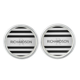 Contemporary Faux Silver Ombre Stripes &amp; Black Cufflinks