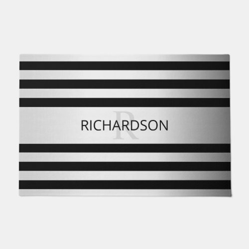 Contemporary Faux Silver Ombre Stripes  Black Doormat