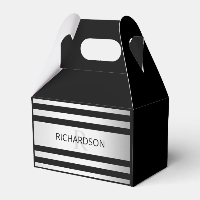 Contemporary Faux Silver Ombre Stripes & Black Favor Boxes (Front Side)