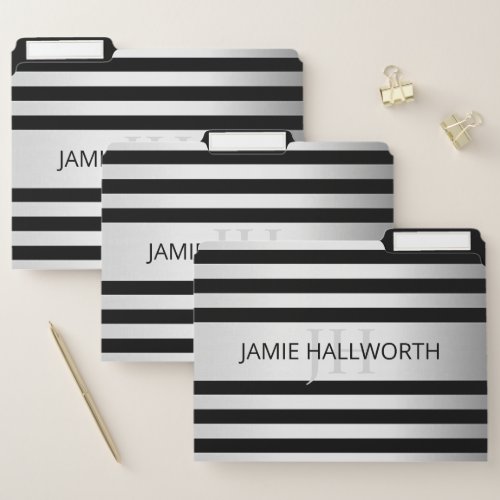 Contemporary Faux Silver Ombre Stripes  Black File Folder