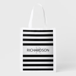 Contemporary Faux Silver Ombre Stripes &amp; Black Grocery Bag