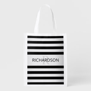 Contemporary Faux Silver Ombre Stripes & Black Grocery Bag