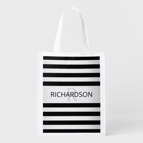 Contemporary Faux Silver Ombre Stripes  Black Grocery Bag