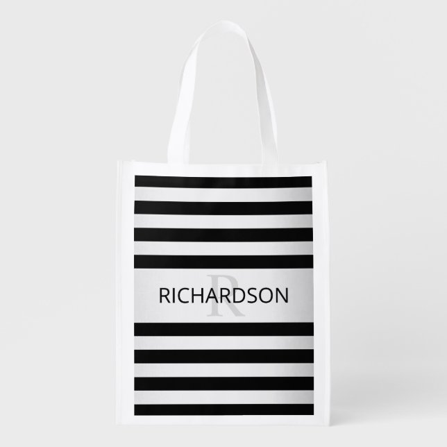 Contemporary Faux Silver Ombre Stripes & Black Grocery Bag (Front)