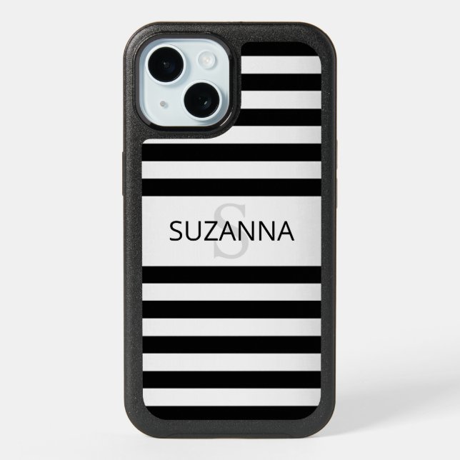 Contemporary Faux Silver Ombre Stripes & Black iPhone 15 Case (Back)