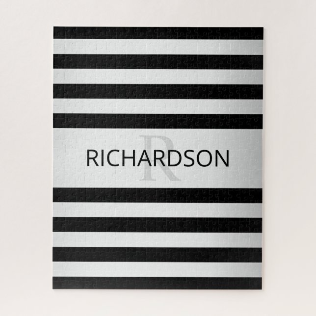 Contemporary Faux Silver Ombre Stripes & Black Jigsaw Puzzle (Vertical)