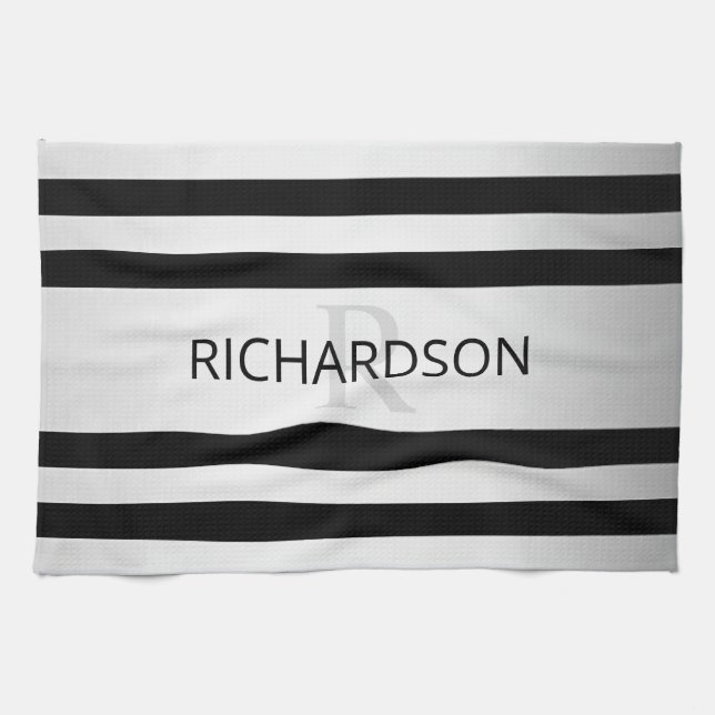 Contemporary Faux Silver Ombre Stripes & Black Kitchen Towel (Horizontal)
