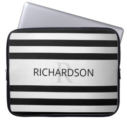 Contemporary Faux Silver Ombre Stripes &amp; Black Laptop Sleeve