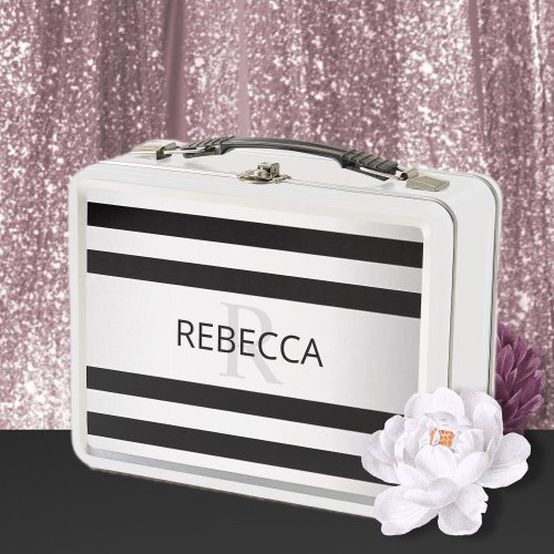 Contemporary Faux Silver Ombre Stripes  Black Metal Lunch Box