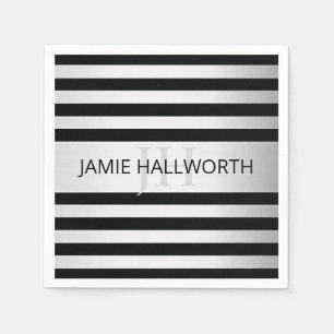 Contemporary Faux Silver Ombre Stripes & Black Napkins