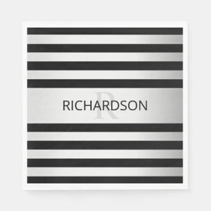 Contemporary Faux Silver Ombre Stripes & Black Napkins