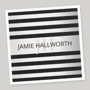 Contemporary Faux Silver Ombre Stripes & Black Napkins
