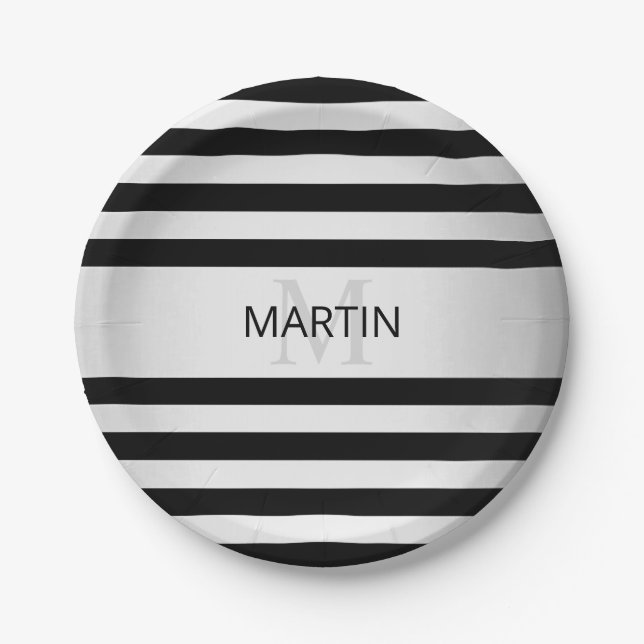 Contemporary Faux Silver Ombre Stripes & Black Paper Plates (Front)