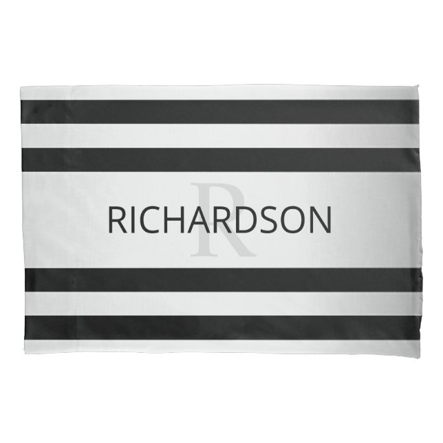 Contemporary Faux Silver Ombre Stripes & Black Pillow Case (Front-Left)